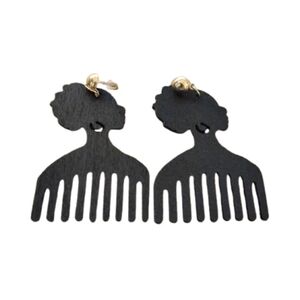 Black Wooden Afro Pick Silhouette Dangle Drop Statement Earrings